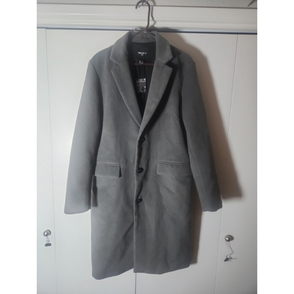 Forever 21 Men's Gray Long Coat Overcoat Topcoat LARGE New W/O Tags